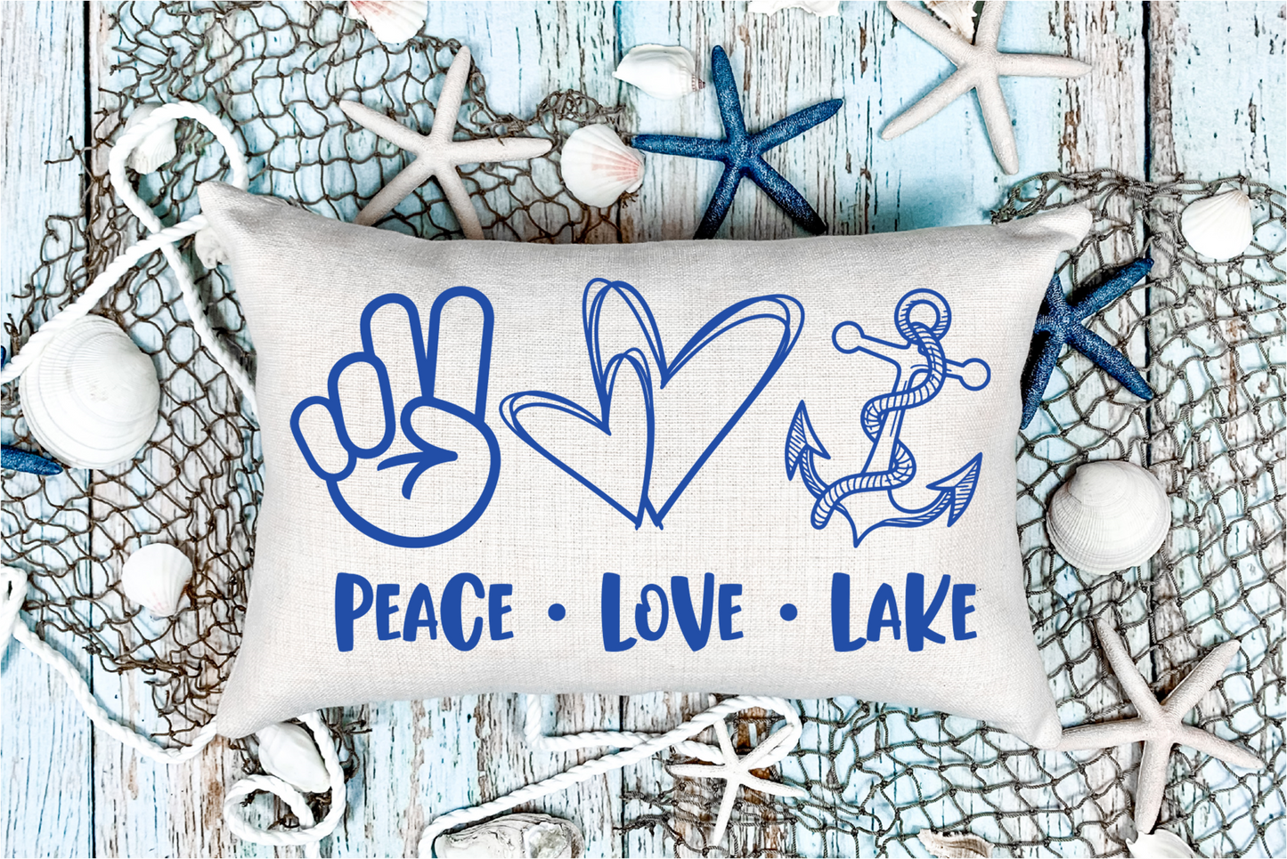 Pillow Cover- Lake/Beach- Peace Love Lake- Blue