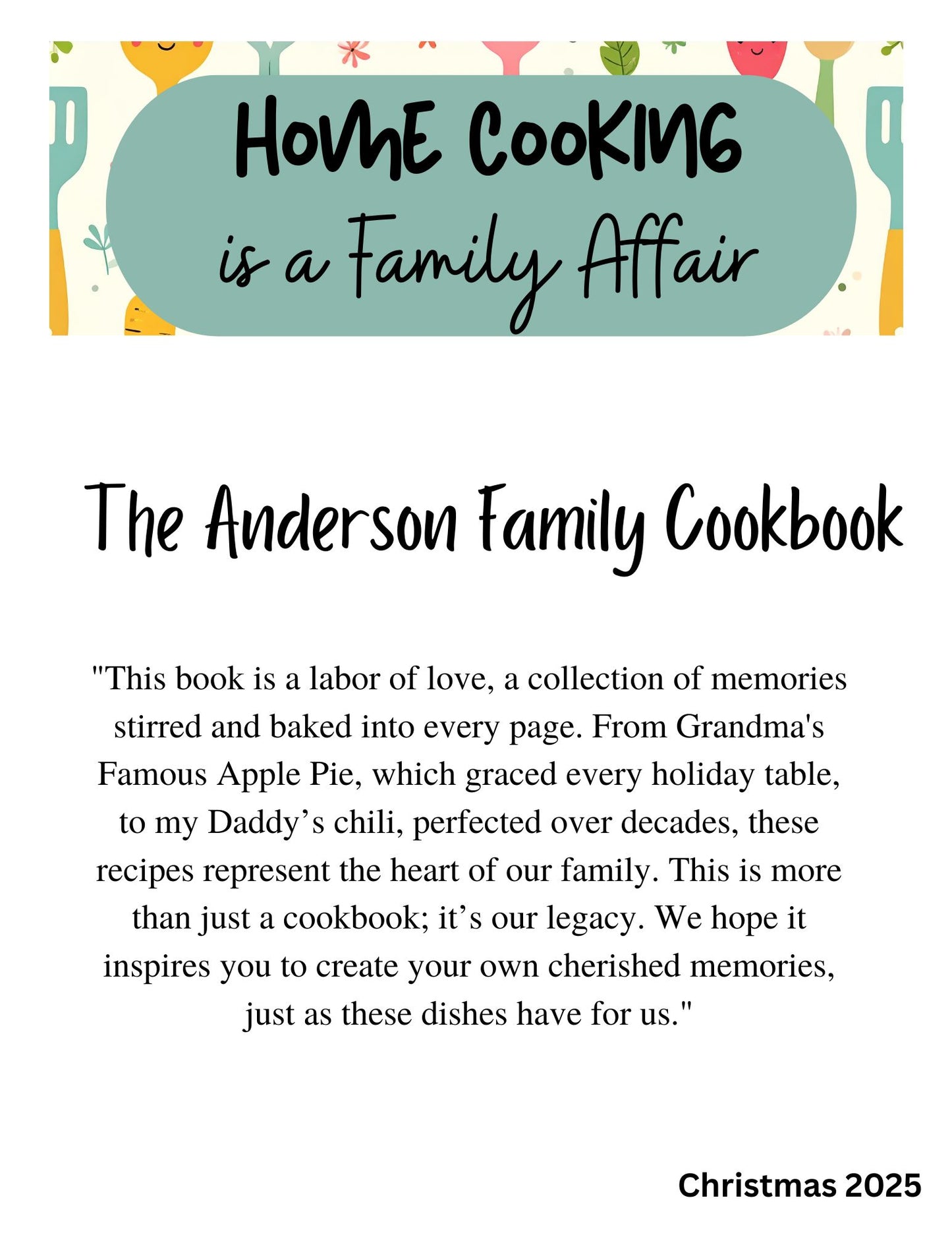 Cookbook- Custom- 76-100 Recipe Pages- SAMPLE 3- ANDERSON