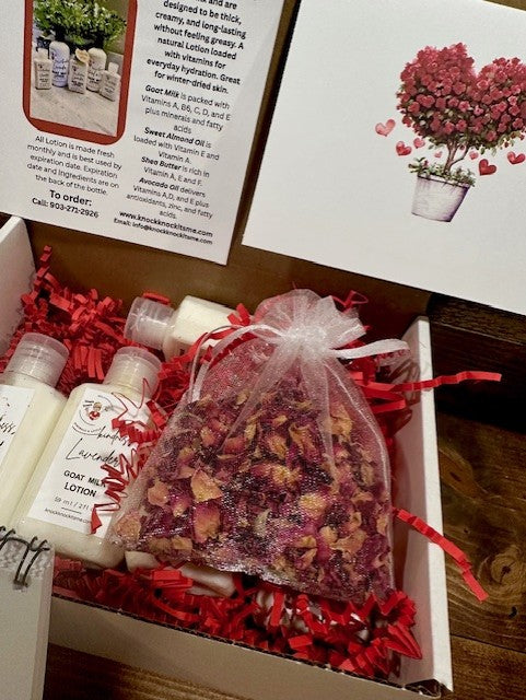 Mother's Day Gift Box- 5 Bottles of Goat Milk Lotion-Notepad- and Rose Petal Sachet