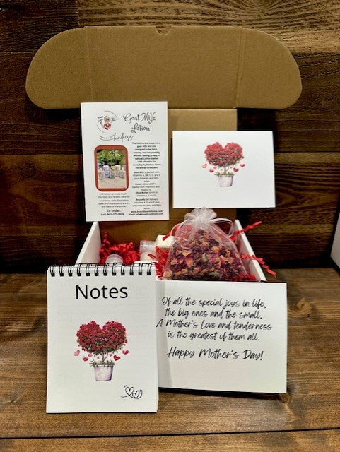 Mother's Day Gift Box- 5 Bottles of Goat Milk Lotion-Notepad- and Rose Petal Sachet