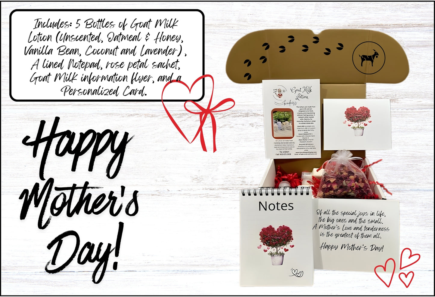 Mother's Day Gift Box- 5 Bottles of Goat Milk Lotion-Notepad- and Rose Petal Sachet