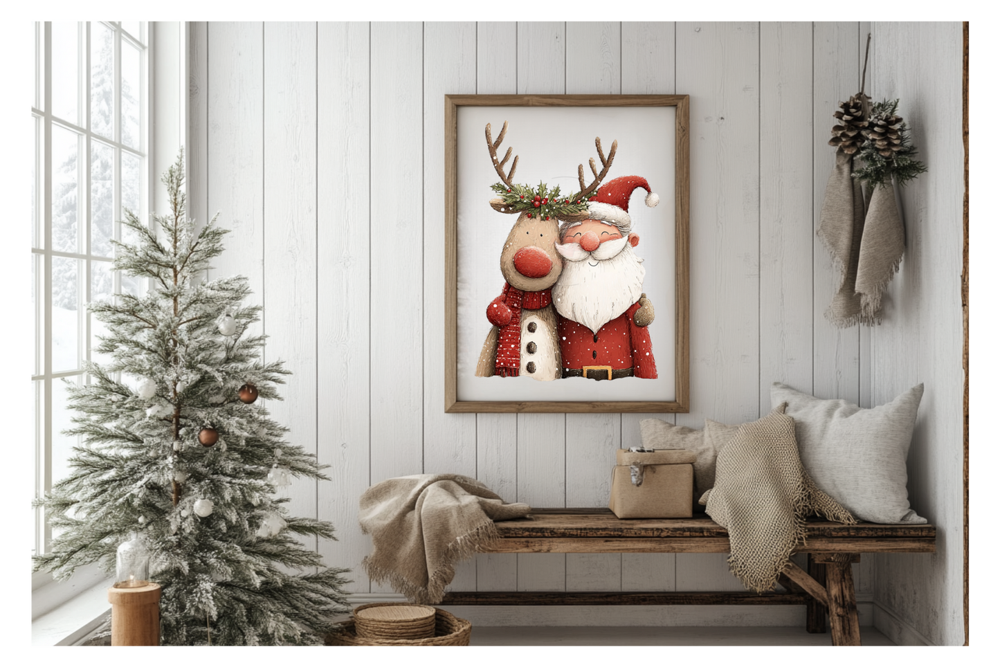 Prints- Seasonal- Christmas- 16 x 20 Vertical Print Board- Santa Reindeer Hug-#12