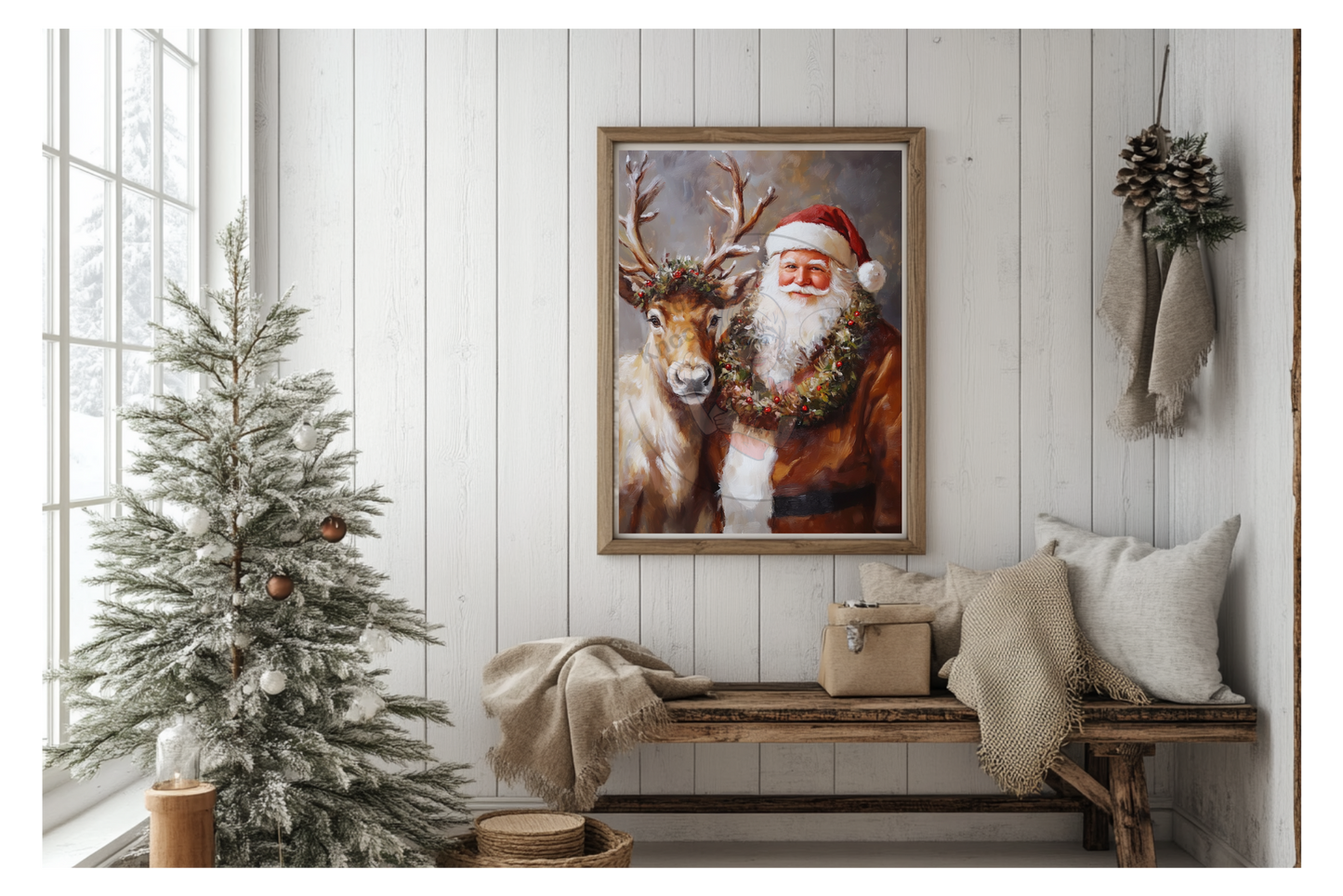 Prints- Seasonal- Christmas- 16 x 20 Vertical Print Board- Vintage Santa with Reindeer-#1