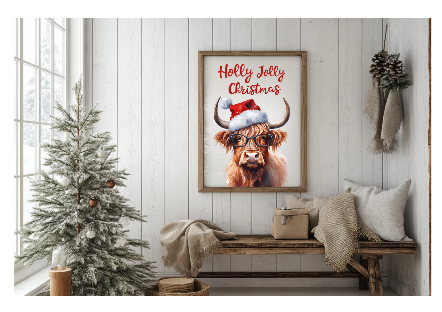 Prints- Seasonal- Christmas- 16 x 20 Vertical Print Board- Cow-Holly Jolly Christmas-#9