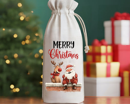 Wine Bags- Merry Christmas Santa & Reindeer-115