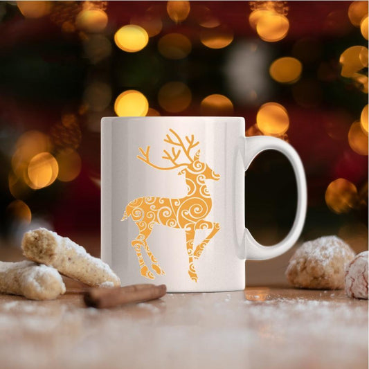 Coffee Mug-  Holidays/Events-  Christmas-  Deer Gold Swirl