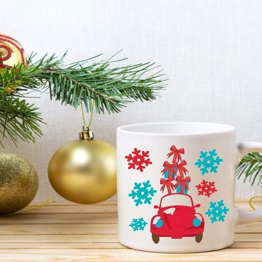 Coffee Mug-  Holidays/Events-  Christmas-  Vbug Car Red With Snowflakes